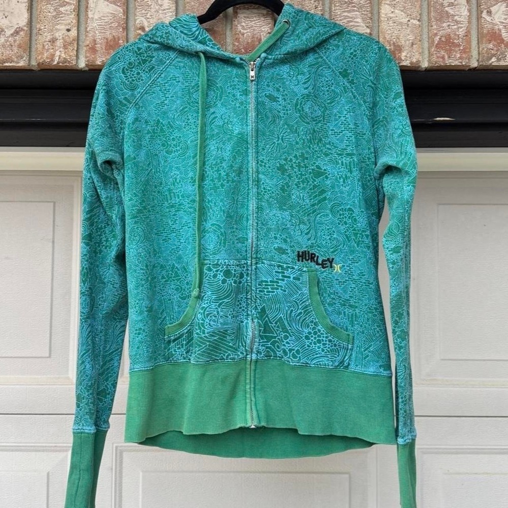 GREEN 00s HURLEY ALL OVER PRINT ZIP UP HOODIE